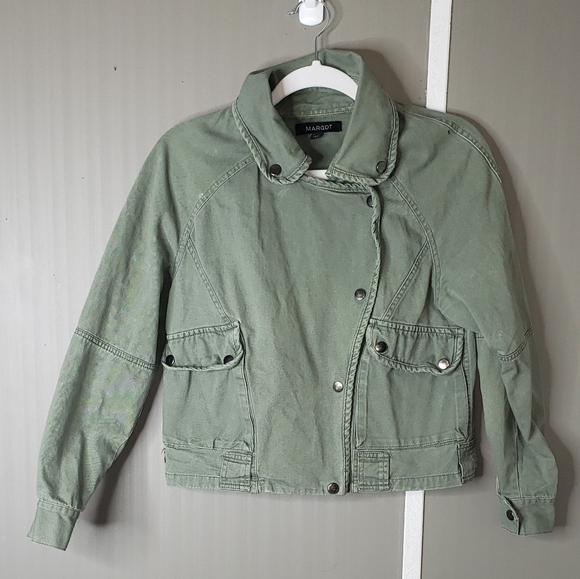 Margot Sage Green Cropped Utility Jacket Snap Front Cotton Small